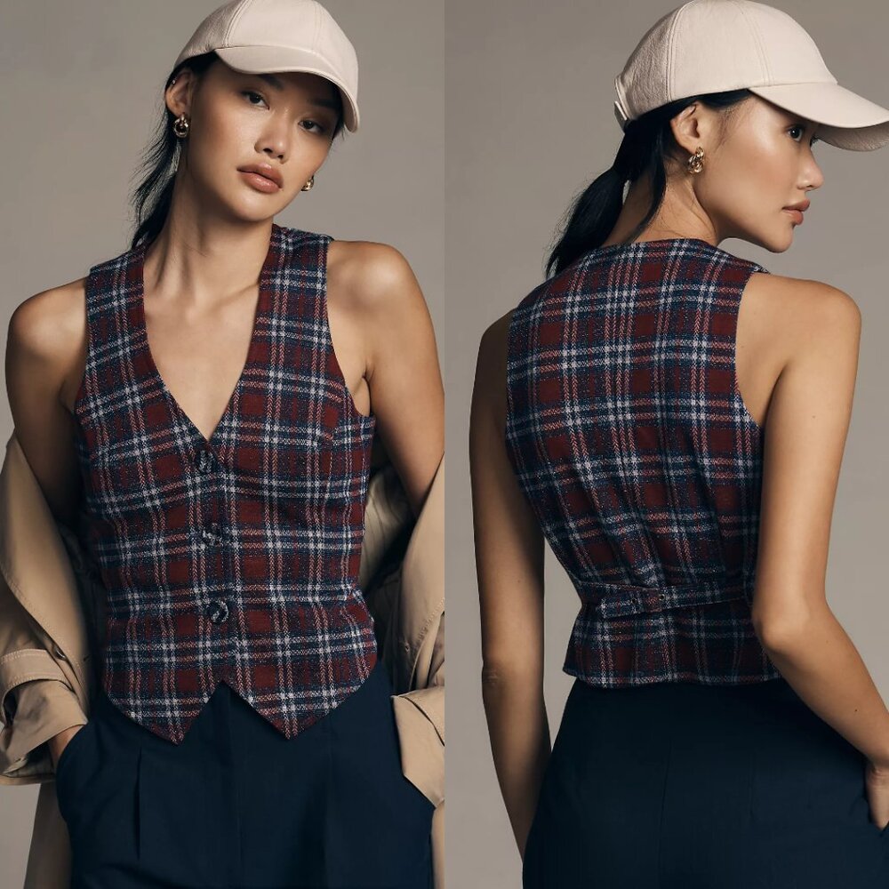 NWT Anthropologie Eva Franco Plaid Button Front Metallic Vest‎